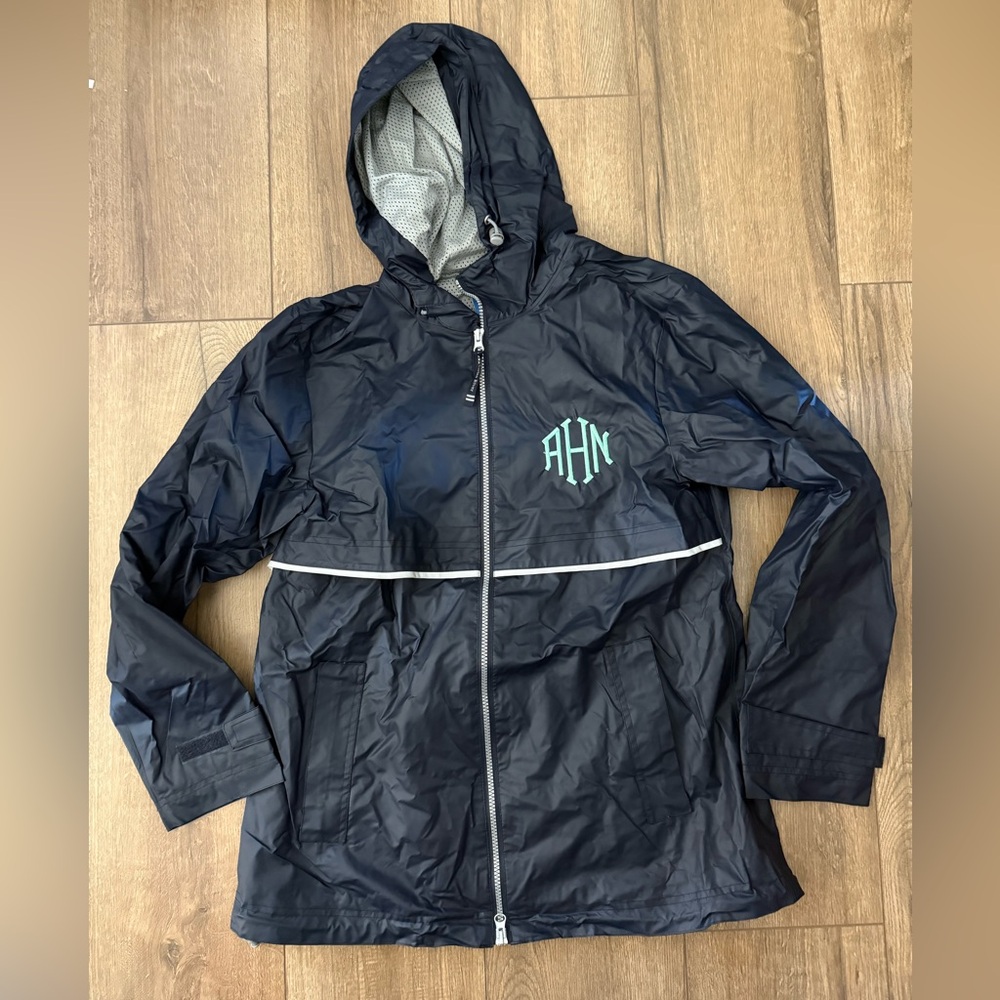 Women’s Navy Hooded Windbreaker Rain Jacket Monogrammed Initials ANH Medium